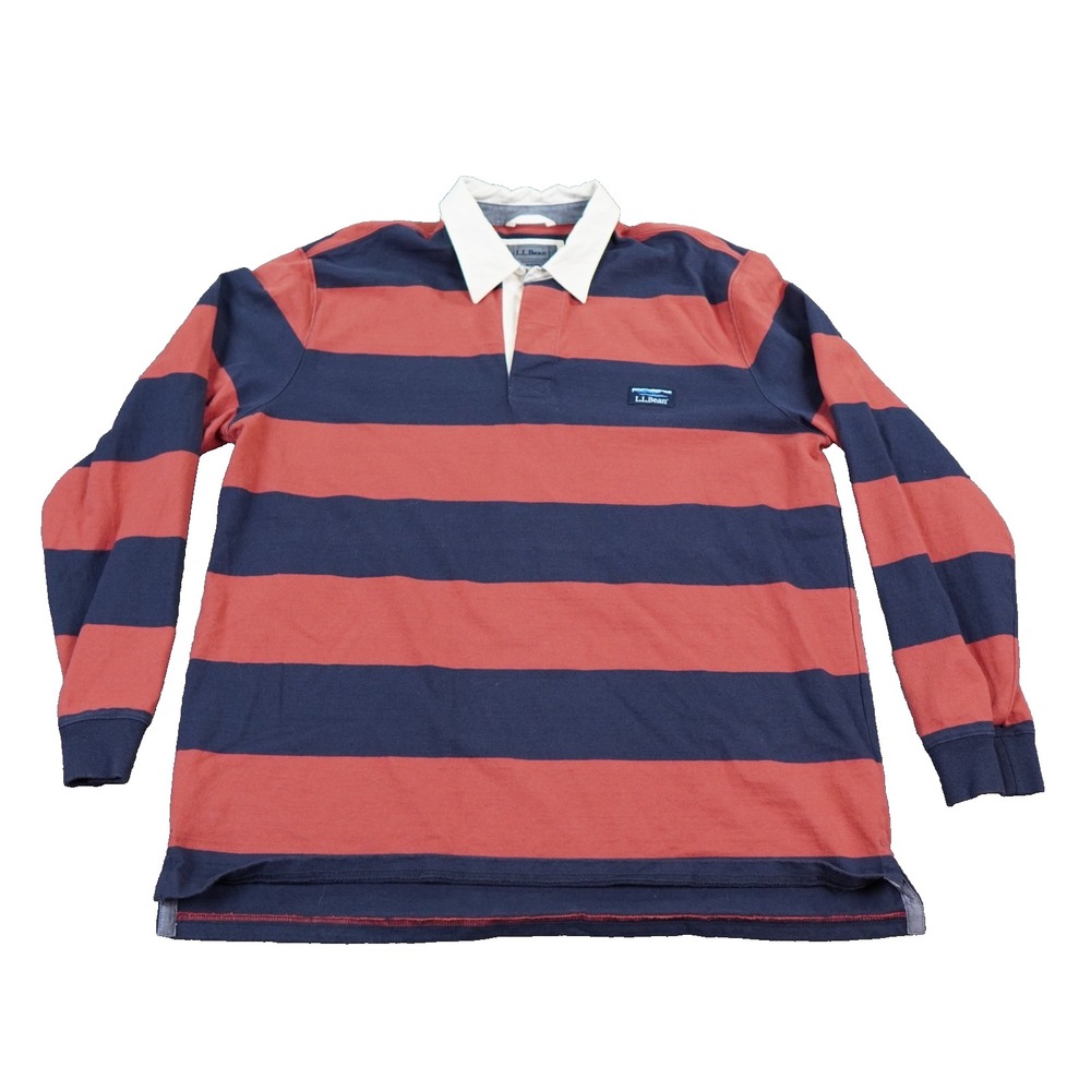 LL Bean Rugby Shirt Mens XL Red Navy Blue Striped Cotton Preppy Logo Polo